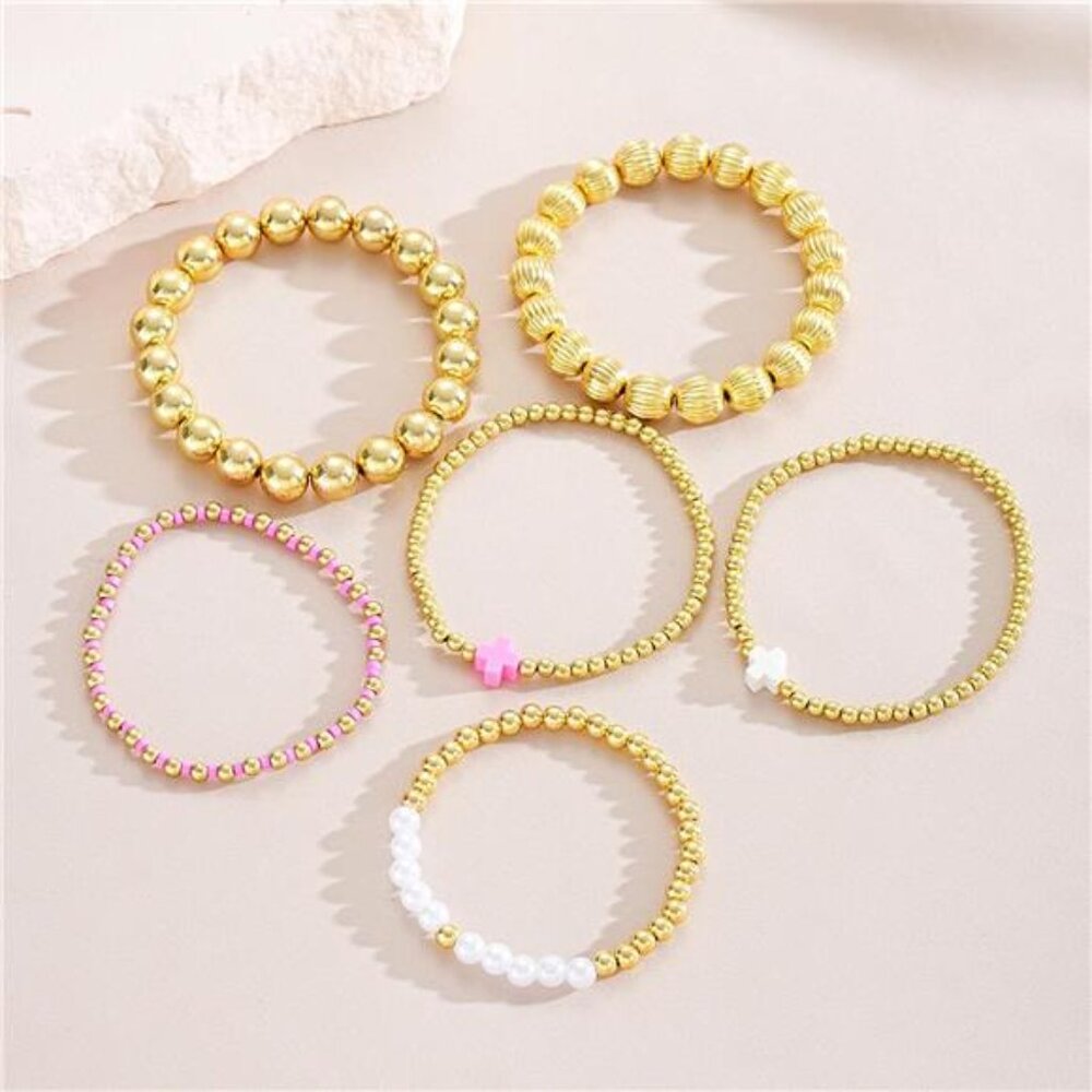 Gold Beaded Bracelet Stack for Women Trendy Non Tarnish Chunky Stretch - Picture 4 of 5